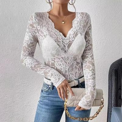 Dámské topy s výstřihem do V, dlouhým rukávem, průhlednou krajkou, květinovým designem, pulovrové topy, slim fit, pro vrstvení, všestranné topy