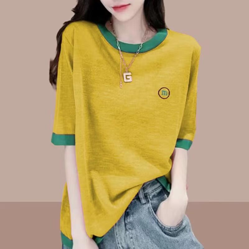 Short-sleeved Bamboo Cotton T-shirt Women's Spring and Summer New Thin Large Size Loose Casual Splicing Half-sleeved Top Women's Clothing