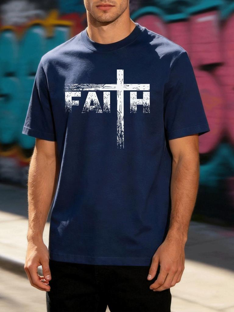 Unisexs Distressed Faith Cross Christian Letter Graphic White Crew Loose Short Sleeve Soft Cotton Summer Street Daily Casual Top