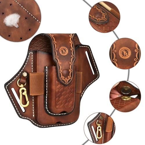 TOURBON Smartphone Pouch, Leather, Smartphone Holder, Belt Loop, Tool Pouch, Multi-functional, Holds Pliers, Pen, Flashlight, Keys