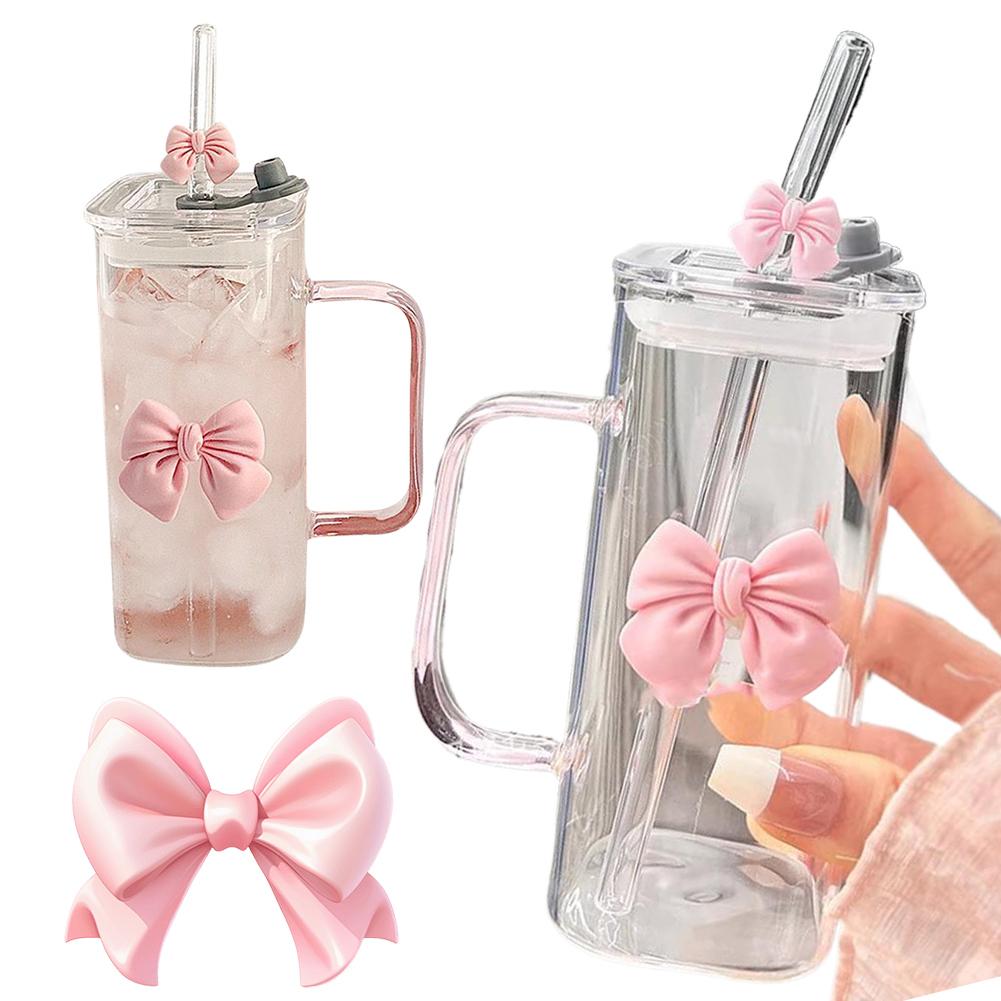 Square Shape Transparent Cup Water Bottle with Lids and Straws Clear Glass Cups with Handle Bow Knot Glasses Tumbler for Office