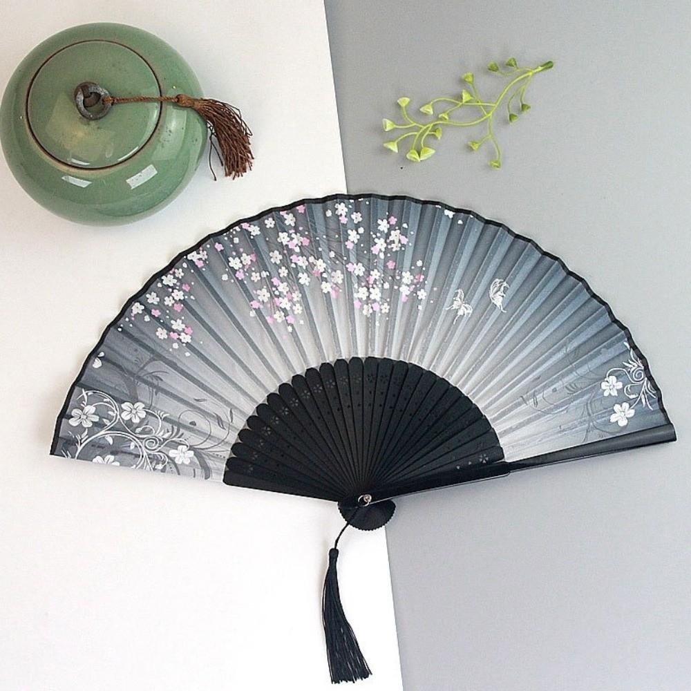 Seiden Chinesischer Japanischer Faltfächer Buntes Blumenmuster Klassischer Tanzfächer Durchscheinend Handgefertigtes Handwerk Handfächer