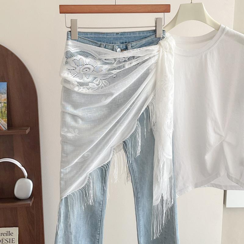 Lace Triangle Scarf Solid Color Fringe Sun Protection Shawl