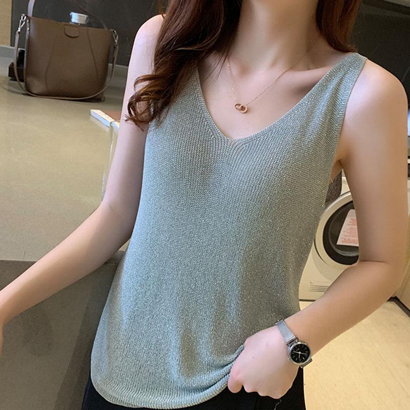 Women Summer Sleeveless V Neck Sequins Causal Vest Top