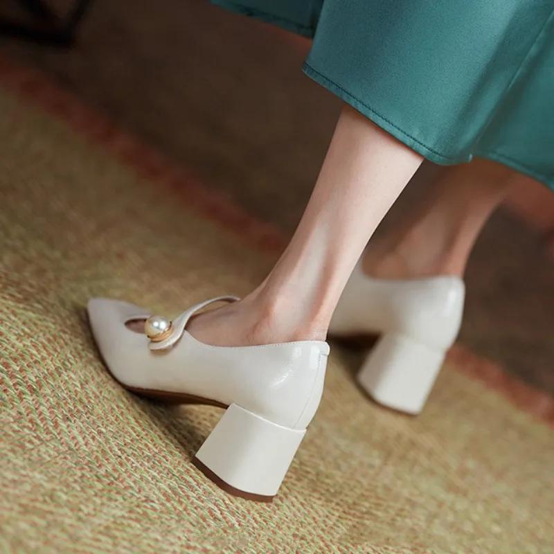 Fashion Retro Thick Heel Leather Pearl Buckle Mary Jane Shoes Ladies Designer Soft Sole Women's High Heels Fashion Casual Pumps Ladies