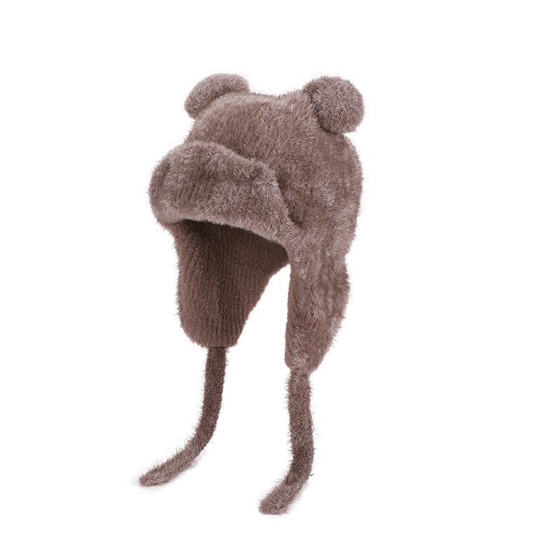 Kids Cartoon Fluffy Bear Beanie With Windproof Knit For Cold Weather Playtime Coffee