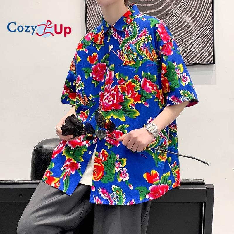 

Уютная мужская повседневная свободная рубашка с короткими рукавами и цветочным принтом для пар в стиле ретро с большим цветком на северо-востоке 5XL синий