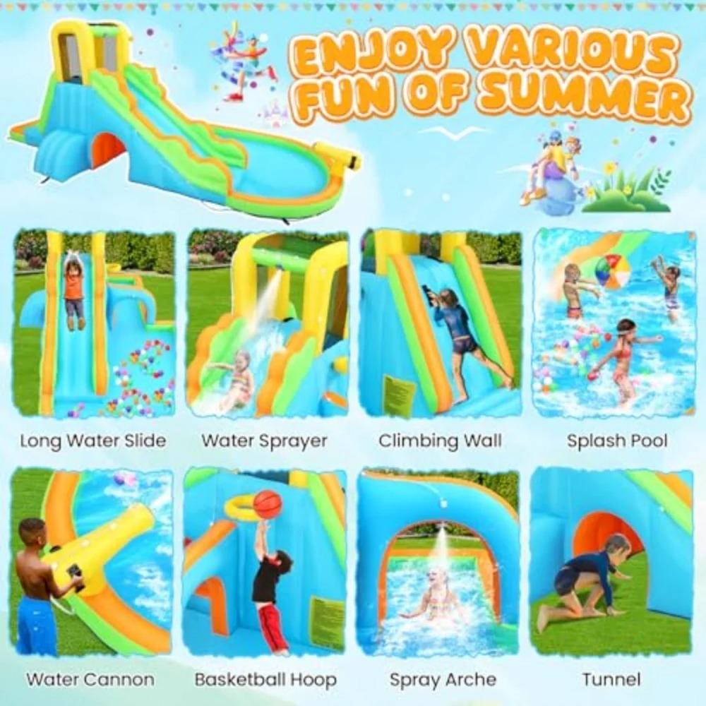 Inflatable Water Slide Large Wave Rider with Splash Pool Climb Wall Basket-Rim Water Cannon Shower Head for Backyard 3-12 Blue