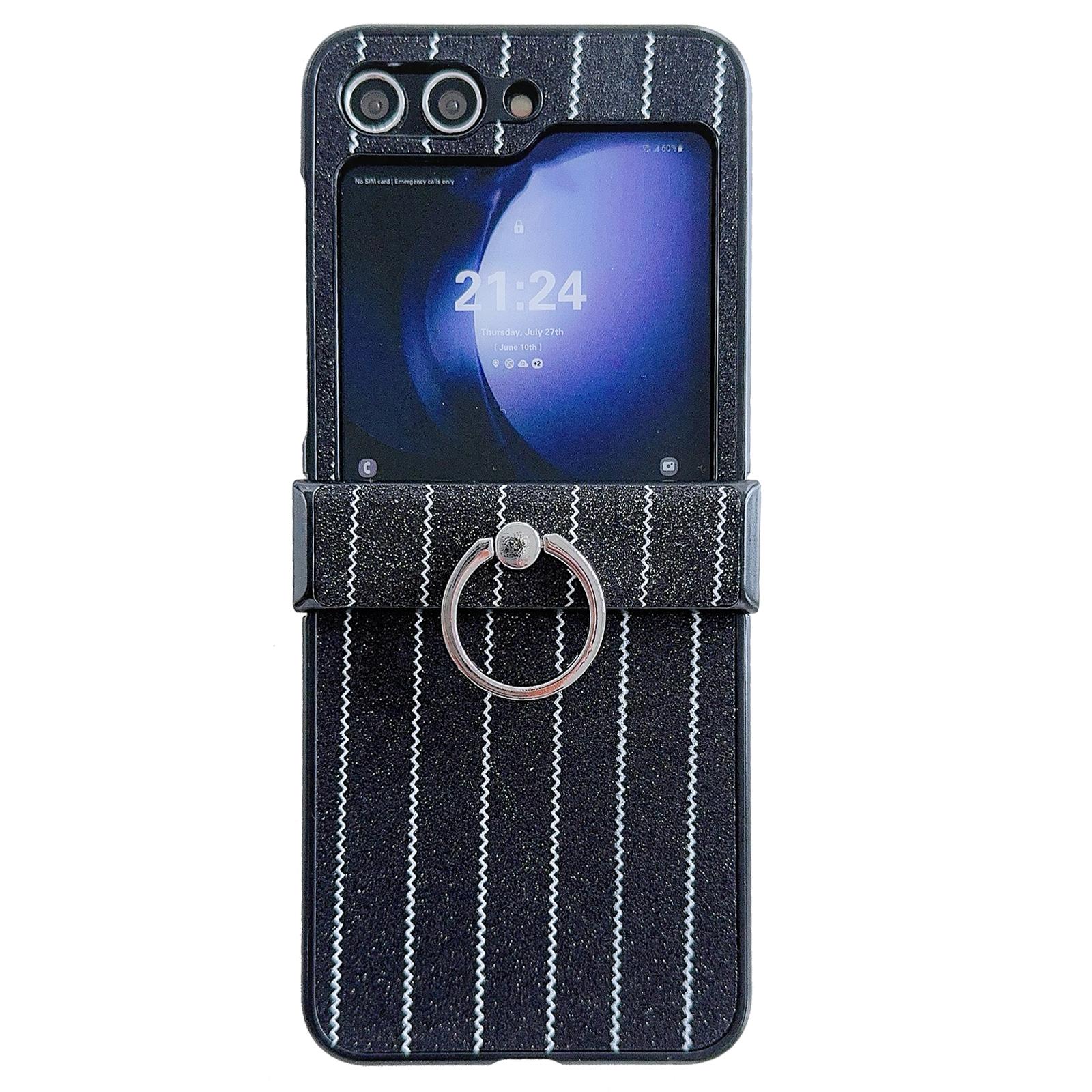 

For Samsung Galaxy Z Flip7 FE 5G/Z Flip6 5G Wavy Stripes PU Leather Coated PC Phone Cover with Ring Kickstand Black