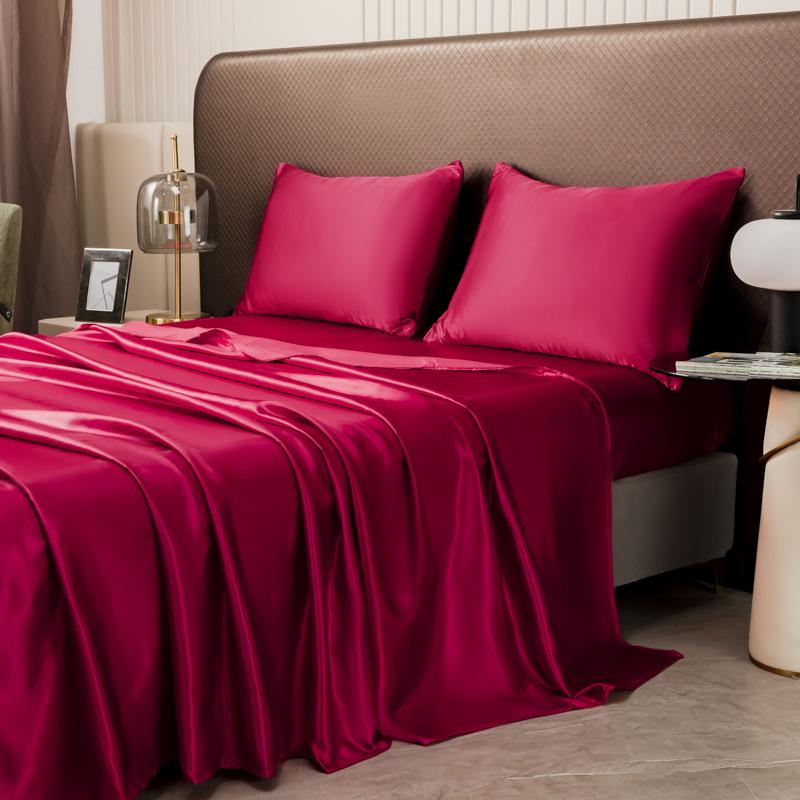 Satin-Feel Solid Color Four-Piece Bedding Set: Bed Sheet, Fitted Sheet, and Pillowcases (European & American Style)
