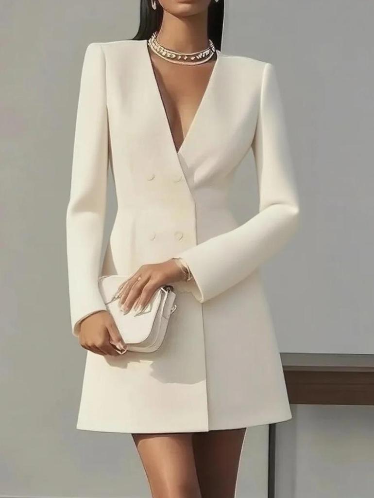 Women's Double-Breasted V-Neck White Blazer Dress with Notched Lapel