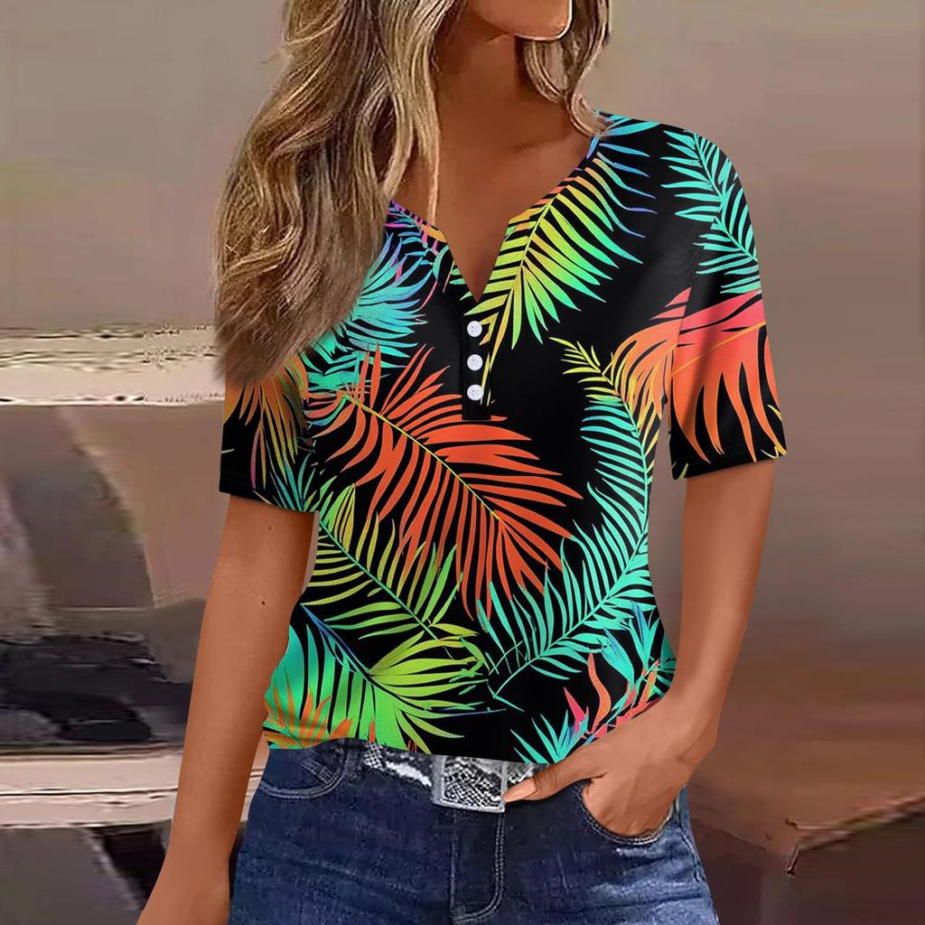 Women's T Shirt Print Button Short Sleeve Daily Weekend Fashion Basic V- Neck Regular Top