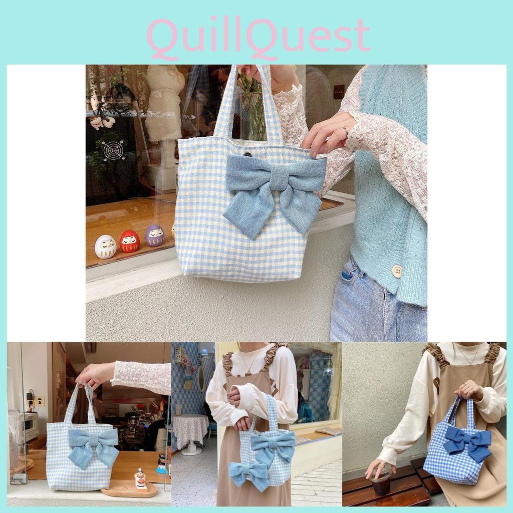 Trendy Light Blue Checkered Bowknot Handheld Tote Bag For Japanese Students