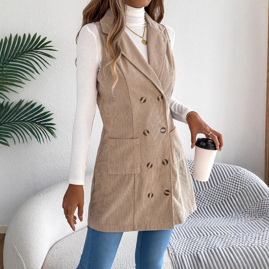 Solid-color Double-breasted Pocket Long Vest Jacket for Women In Autumn and Winter