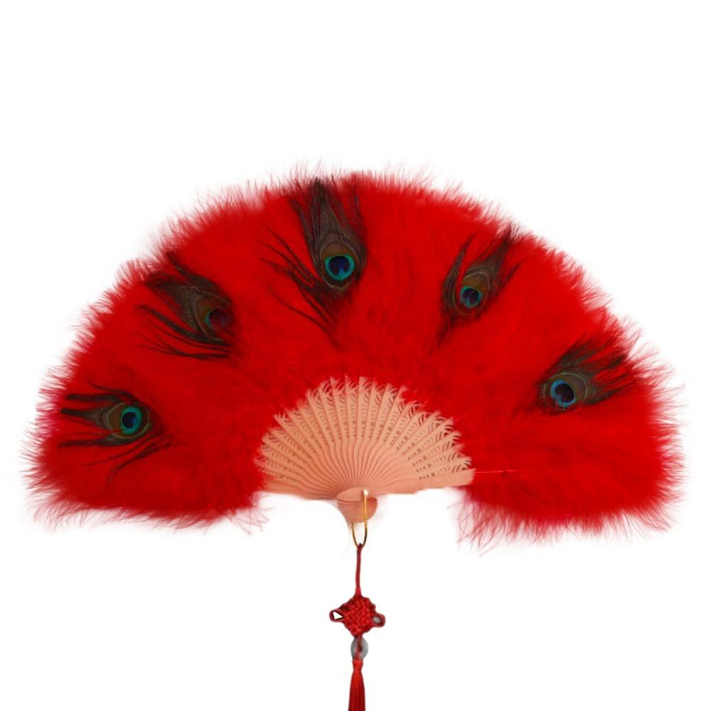 Handheld Peacock Feather Fan With Tassel Feather Dance Fan Folding Hand Fan  Home Decoration