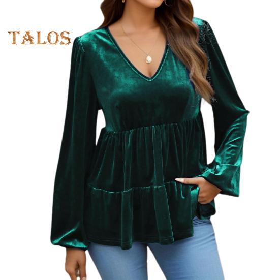 Women Tops V-Neck Lantern Long Sleeve Solid Color Pullover Tops Ruffle Stitching Hem Loose Fit Velvet Shirt