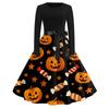 Women's Halloween Print Long Sleeve Round Neck Slim Fit Swing Casual Dress