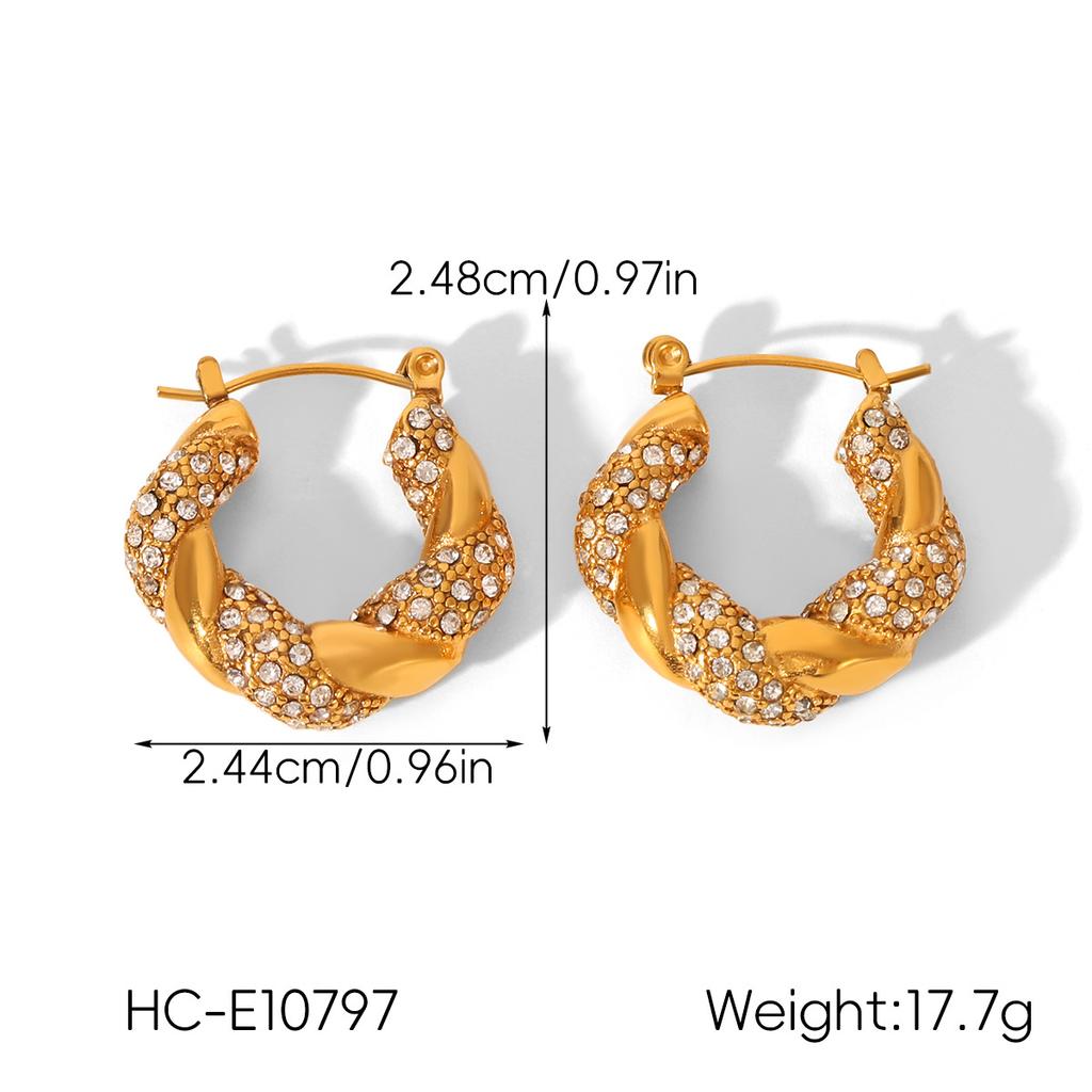 18K Gold Stainless Steel Diamond-set Twisted Earrings for Women, Premium Titanium Steel Jewelry, Versatile Light Luxury Studs