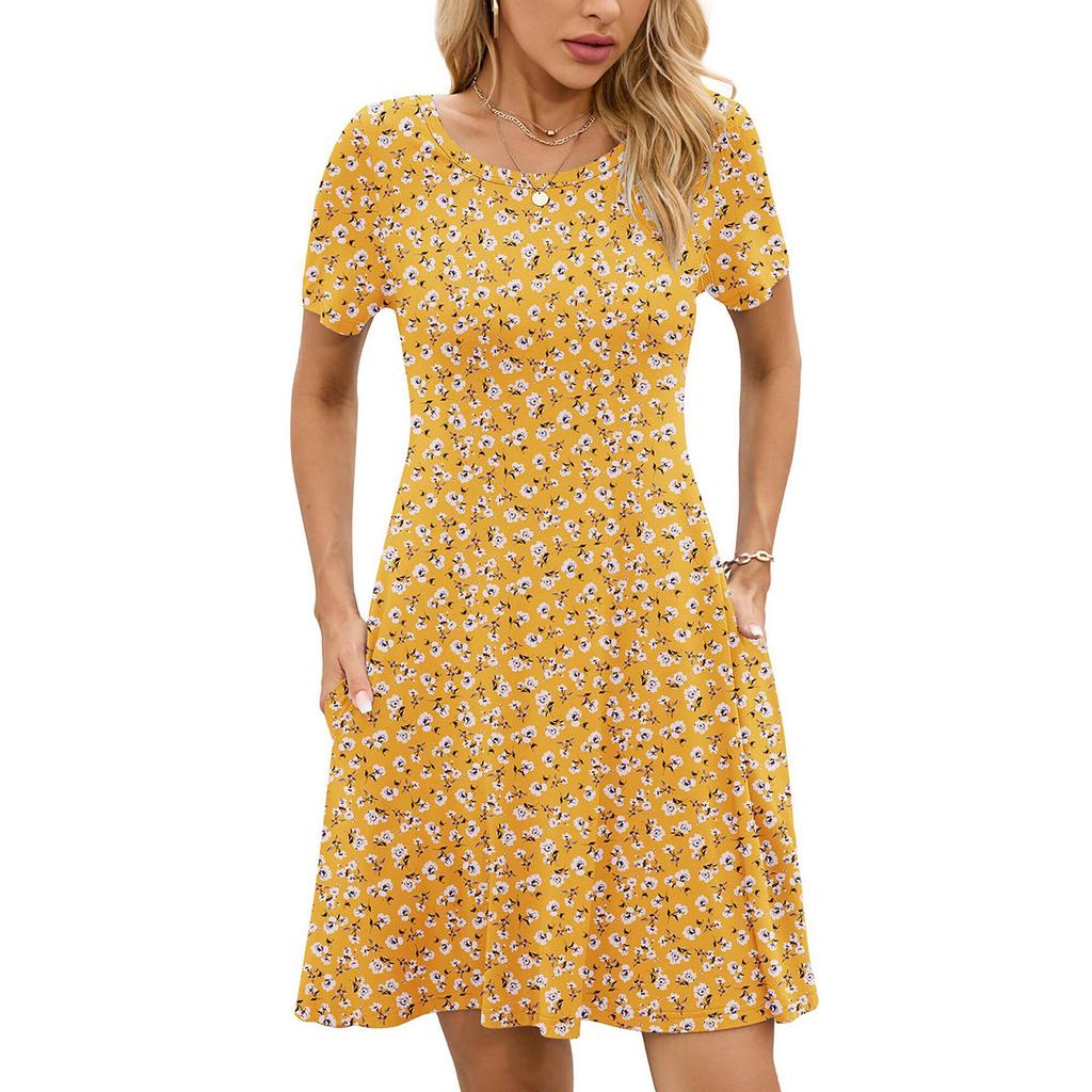 Women's Fashion Spring And Summer Round Neck Printed Short Sleeve Large Swing Dress
