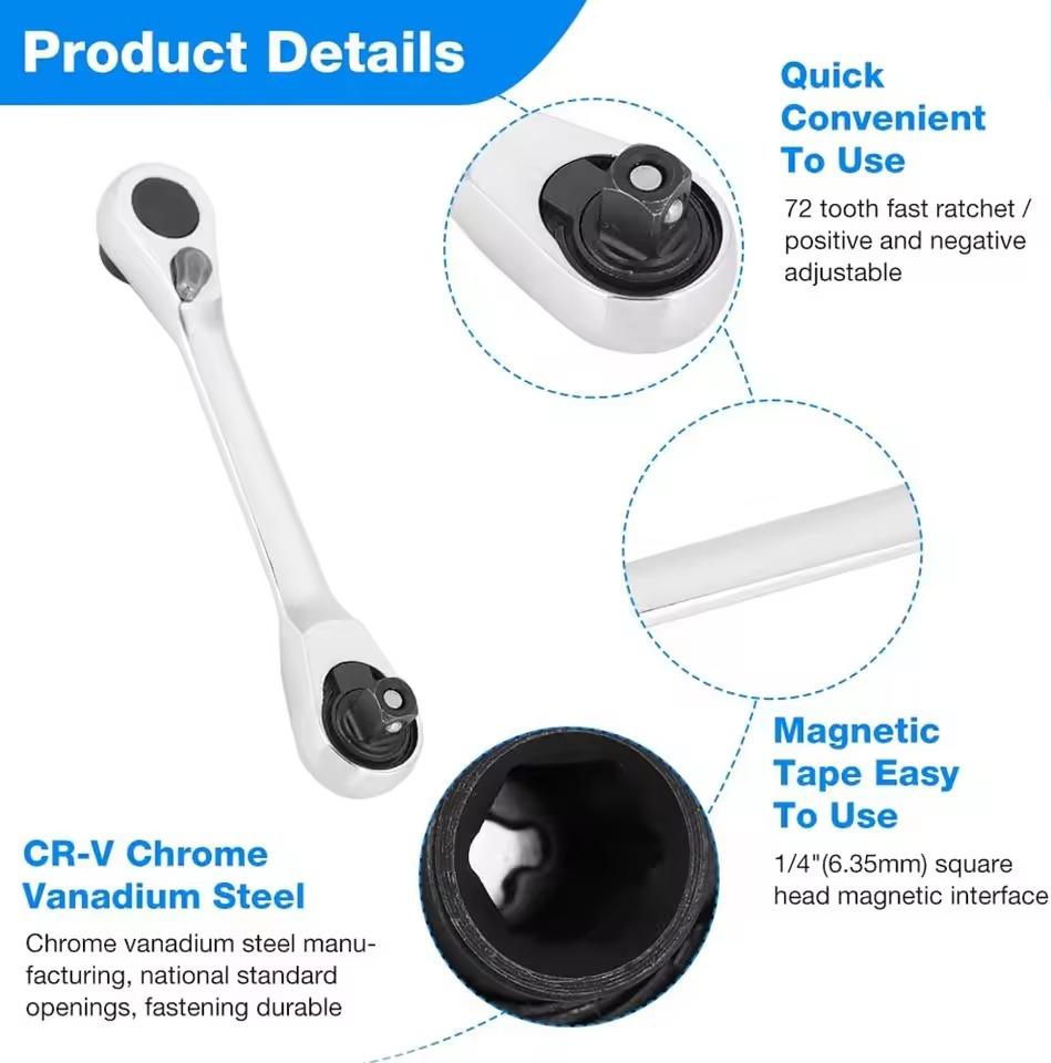 Mini clé à cliquet à double extrémité, clé à cliquet à douille rapide, tournevis 1/4 pouce 72 dents, clés dynamométriques hexagonales, outils de réparation manuels