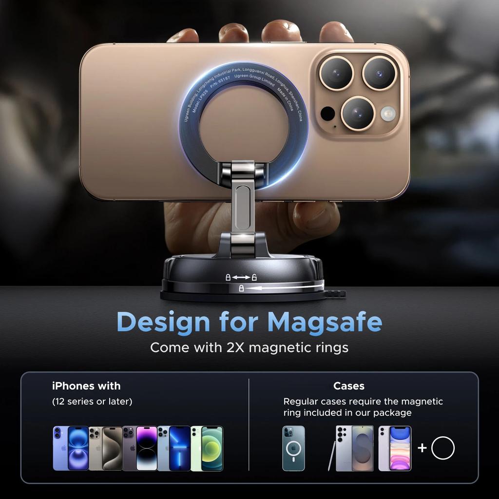 2026 Large bottom suction cup magnetic car phone holder compatible, 360 degree rotating vacuum suction cup car holder dashboard
