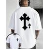European sizes Men's Bold Cross Tattoo-Inspired Graphic T-Shirt -Short Sleeve Round Neck, Vibrant Red & White Design - Comfortable Casual Fit