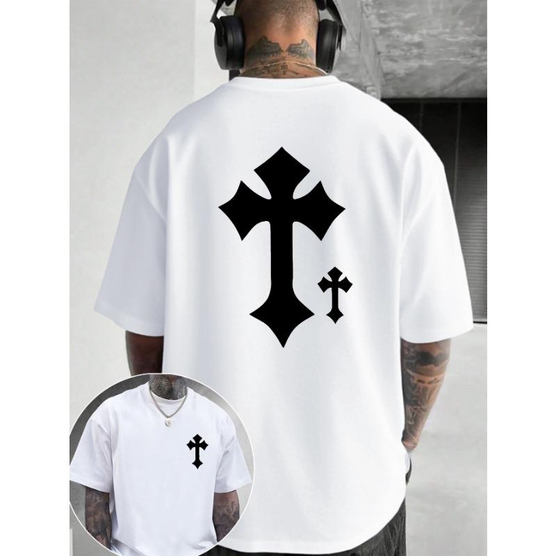 European sizes Men's Bold Cross Tattoo-Inspired Graphic T-Shirt -Short Sleeve Round Neck, Vibrant Red & White Design - Comfortable Casual Fit