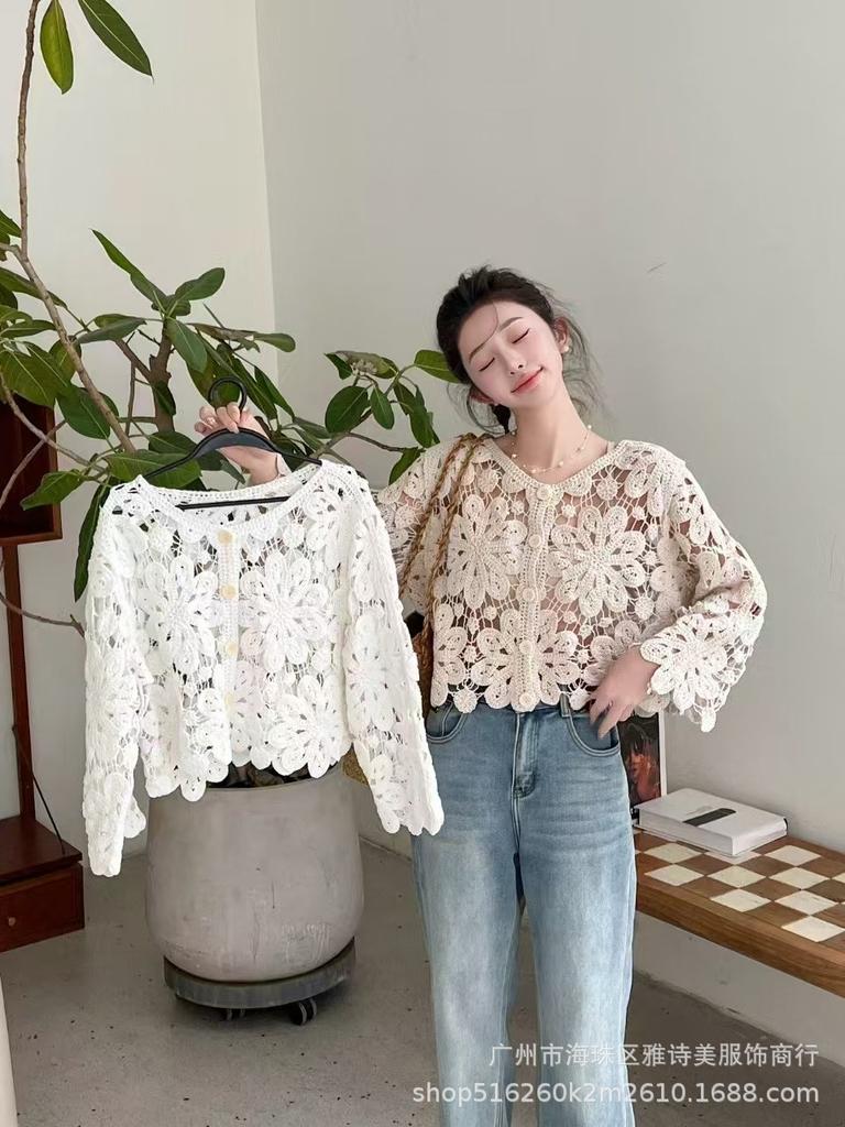 Fashion loose and thin hollow crochet knitted sweater women's new foreign style unique chic cardigan long-sleeved top