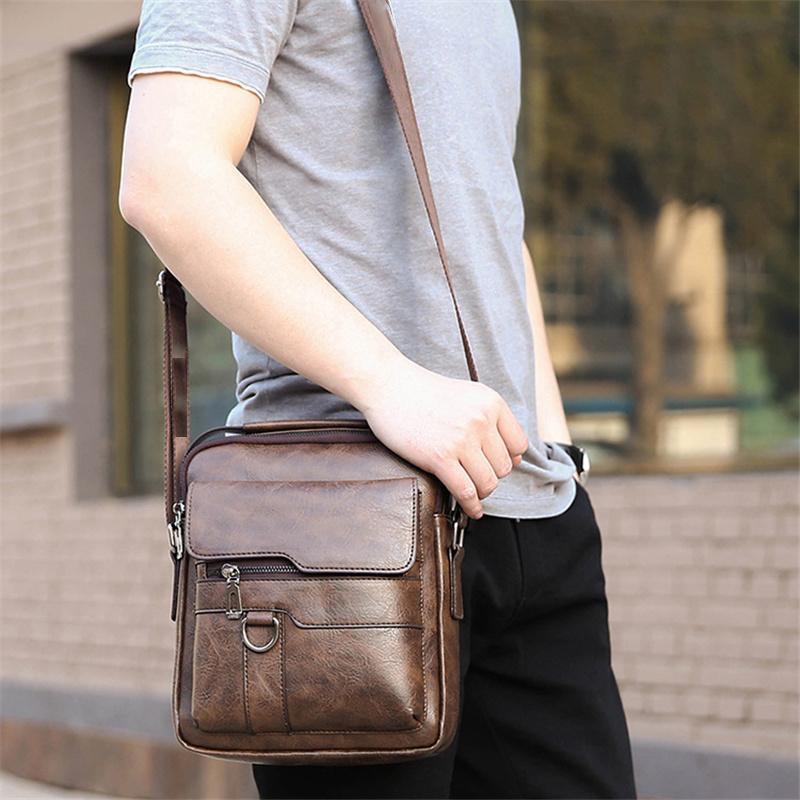 Business Casual Vertical Crossbody Bag PU Soft Leather Handbag Briefcase Shoulder Bag for Men