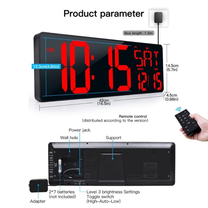 Multifunctional 16.5'' LED Digital Wall Clock with Alarm Function Date and Temperature Easy to Read Display for Elderly