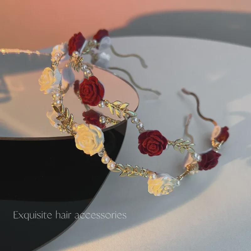 French Retro Dried Rose Pearl Headband Hairpin - Niche Design High Skull Accessory