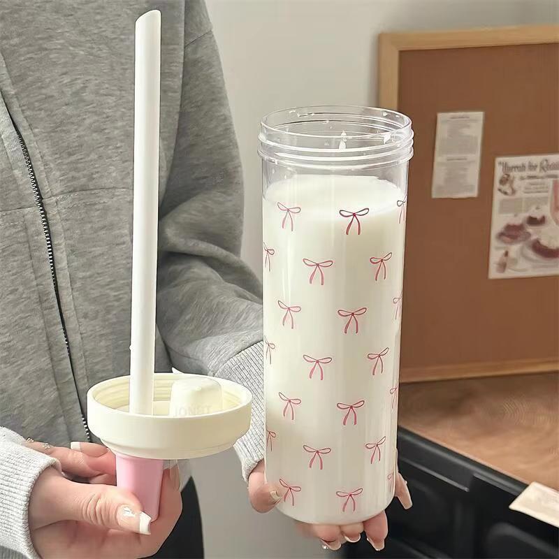 500/700ml Portable Plastic Bowknot Water Cup with Straw,Cute Coffee Pearl Milk Tea Drink Cup,Large Capacity Student Water Bottle