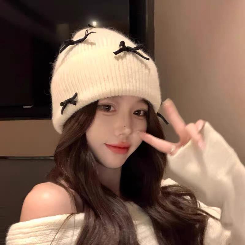 Korean Style Bow Knitted Hat Ear Protection Warm Face Small Wool Hat