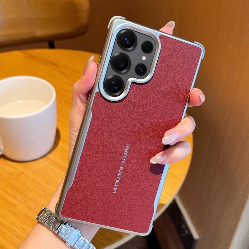 Plain Leather Magnetic Silver Bezel Lens To Heighten Case For Samsung S25 Ultra Galaxy S25 + S25 Camera Protection Cover