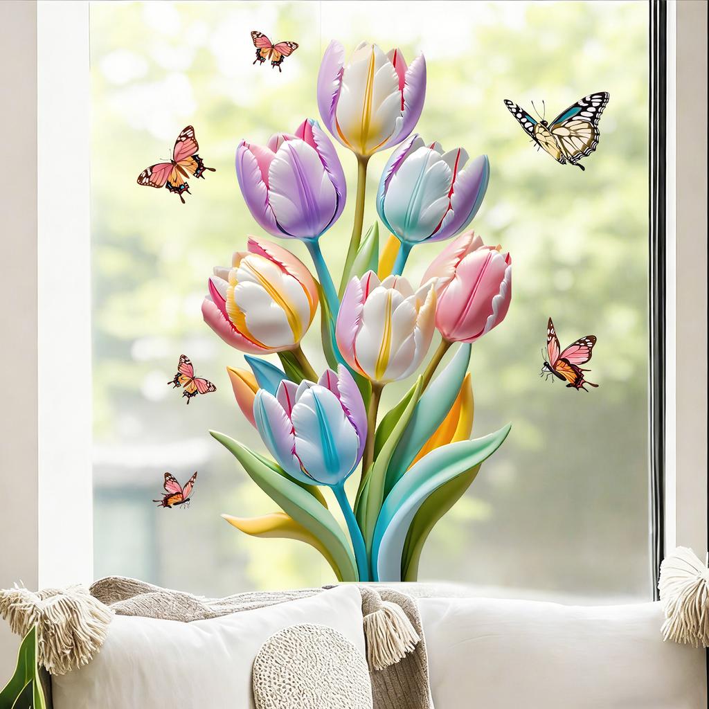 Colorful Tulips Butterflies Wall Sticker Set Modern Minimalist Home Decor for Living Room Study Waterproof Self-Adhesive Removable