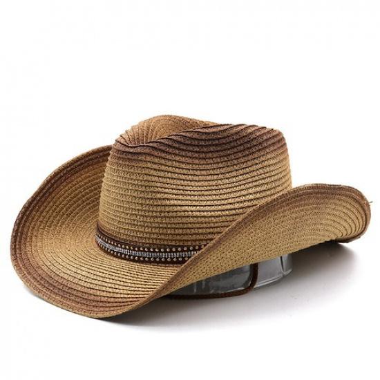 1X Men Western Straw Cowboy Cowgirl Hat with Belt Drawstring Wide Brim Sun Hat