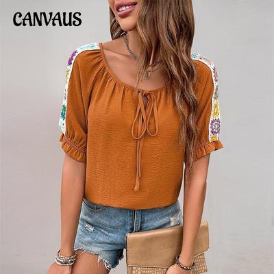 Women's Summer Top Tie Round Neck Ethnic Style Shirt