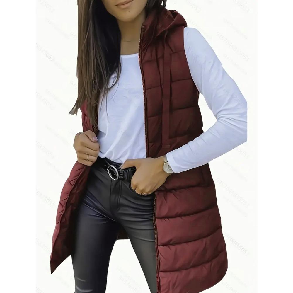 Autumn Winter Solid Color Hooded Zip Cotton Vest Women Mid-Length Plus Size Padded Gilet Coat