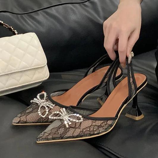 

Butterfly-kont КРИСТАЛЛ Дышащая сетка Женские туфли Элегантные слинбэки Острый носок Высокие каблуки Банкетные туфли для вечеринки 35 чёрный