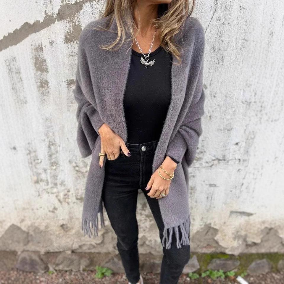 2025 Women's Imitation Mink Velvet Tassel Shawl Cloak - Solid Color, Thickened & Warm