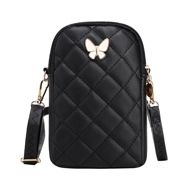 Quilted Mini Crossbody Bag Korean Style Floral Embroidered Phone Purse with Butterfly Detail