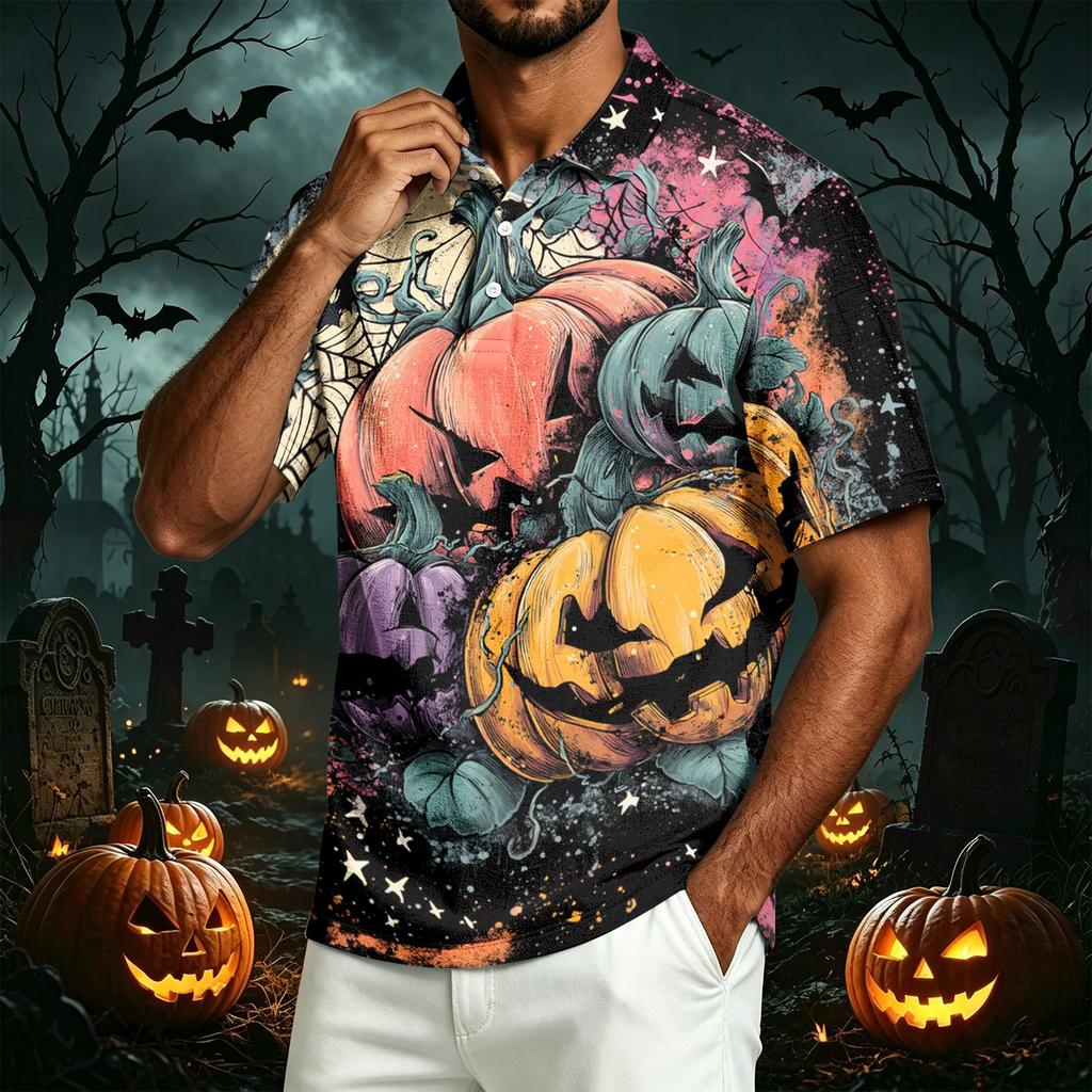 Men's Casual Short Sleeve Polo Shirt Lightweight Breathable Cotton Linen Fabric Halloween Print Design Button Down Collar