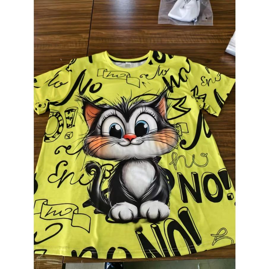 XL-7XL Plus Size Women's Men Cartoon Cat Casual 3D Print Loose V Neck Short Sleeved T-shirt Top