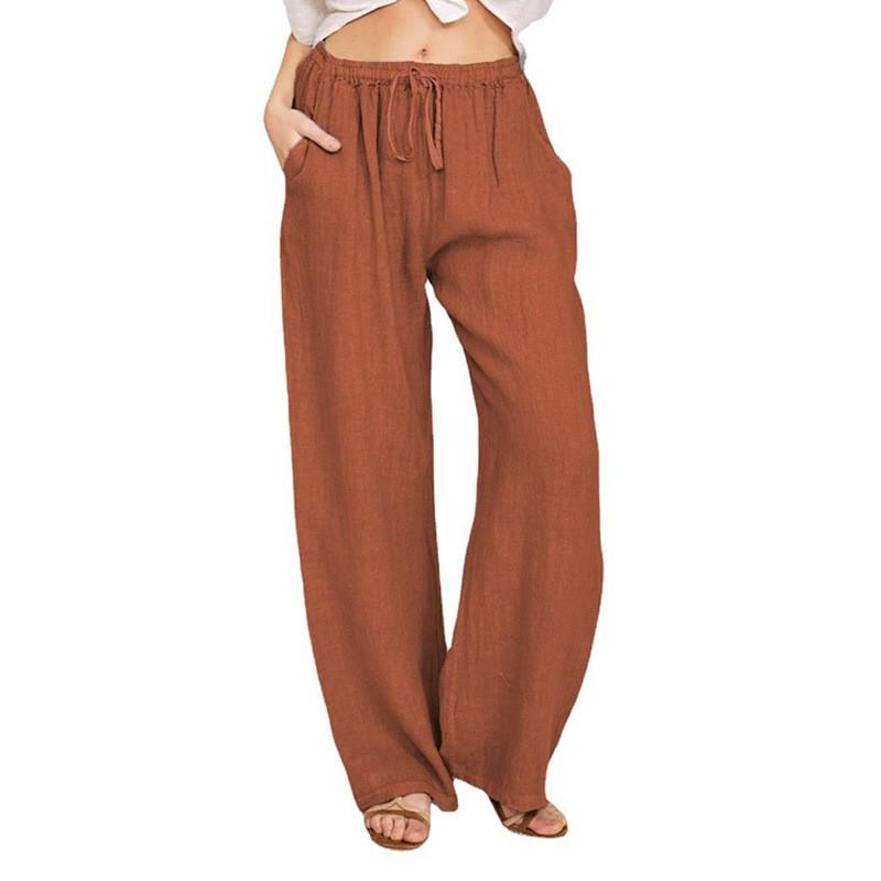 Womens Plus Size Loose Cotton Linen Blend Casual Trousers Mid-Waist Wide Leg Pant Office Daily Wear