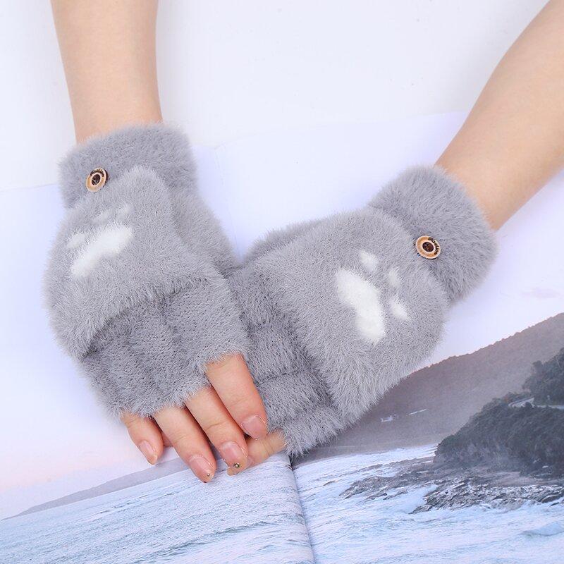 

Half Finger Flip Gloves, Plush Gloves, Cute, Cat Paw Pattern Gloves, Exposed Fingers, Woolen Warm Gloves, Women, Winter one size fits all серый
