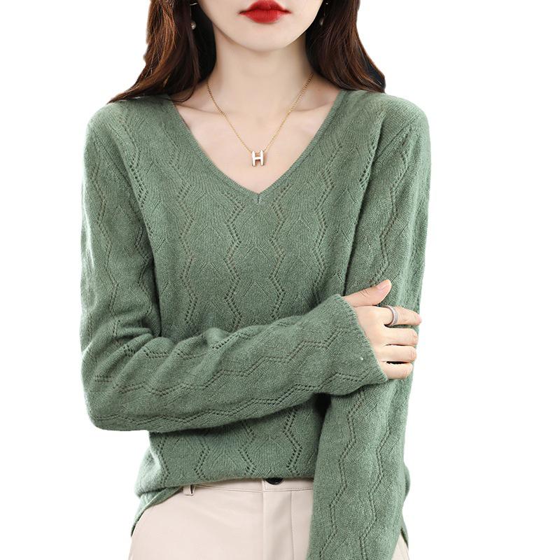 Women's 100% Hollow Wool V-Neck Sweater with Long Sleeves and Loose Collar - Autumn/Winter Style