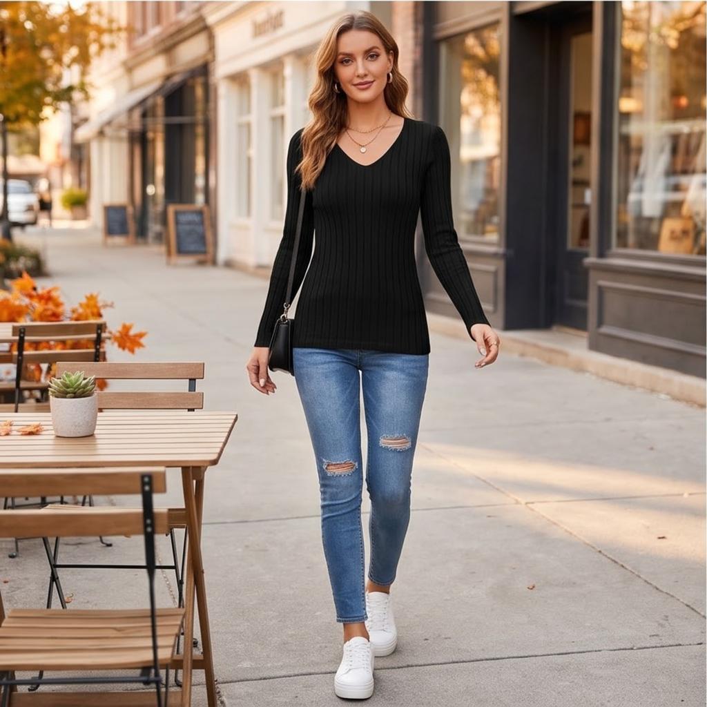 Women's V-Neck Long Sleeve Pullover Top, Color Casual for Everyday Wear
