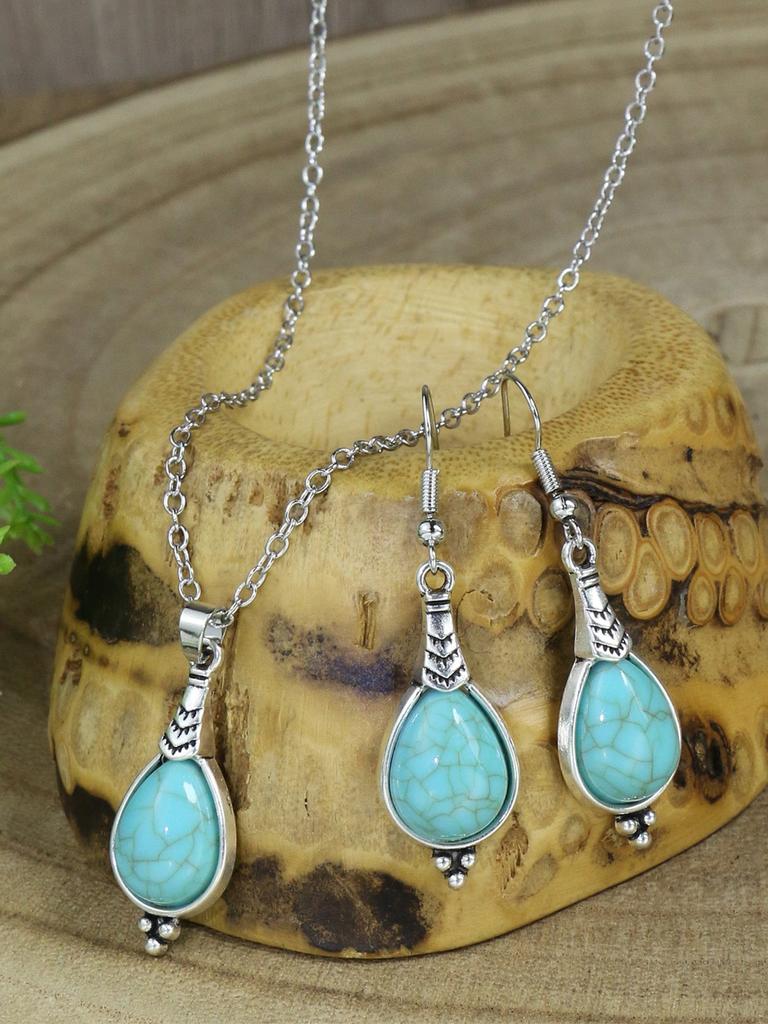 Bohemian Holiday Style Zircon Set Women's Water Droplet Stone Inlaid Classic Simple Earrings Short Necklace