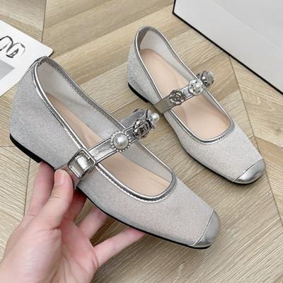 Mode Nouveaux Chaussures Plates d'Été avec Bout Carré Décolleté Tissu Cristal Boucle Métallique Semelle Souple et Tige Basse