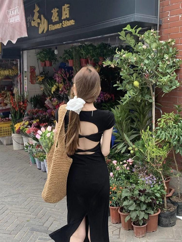 Schmales schwarzes rückenfreies kurzärmeliges gespaltenes Kleid - Damen High-End Sommer Mode